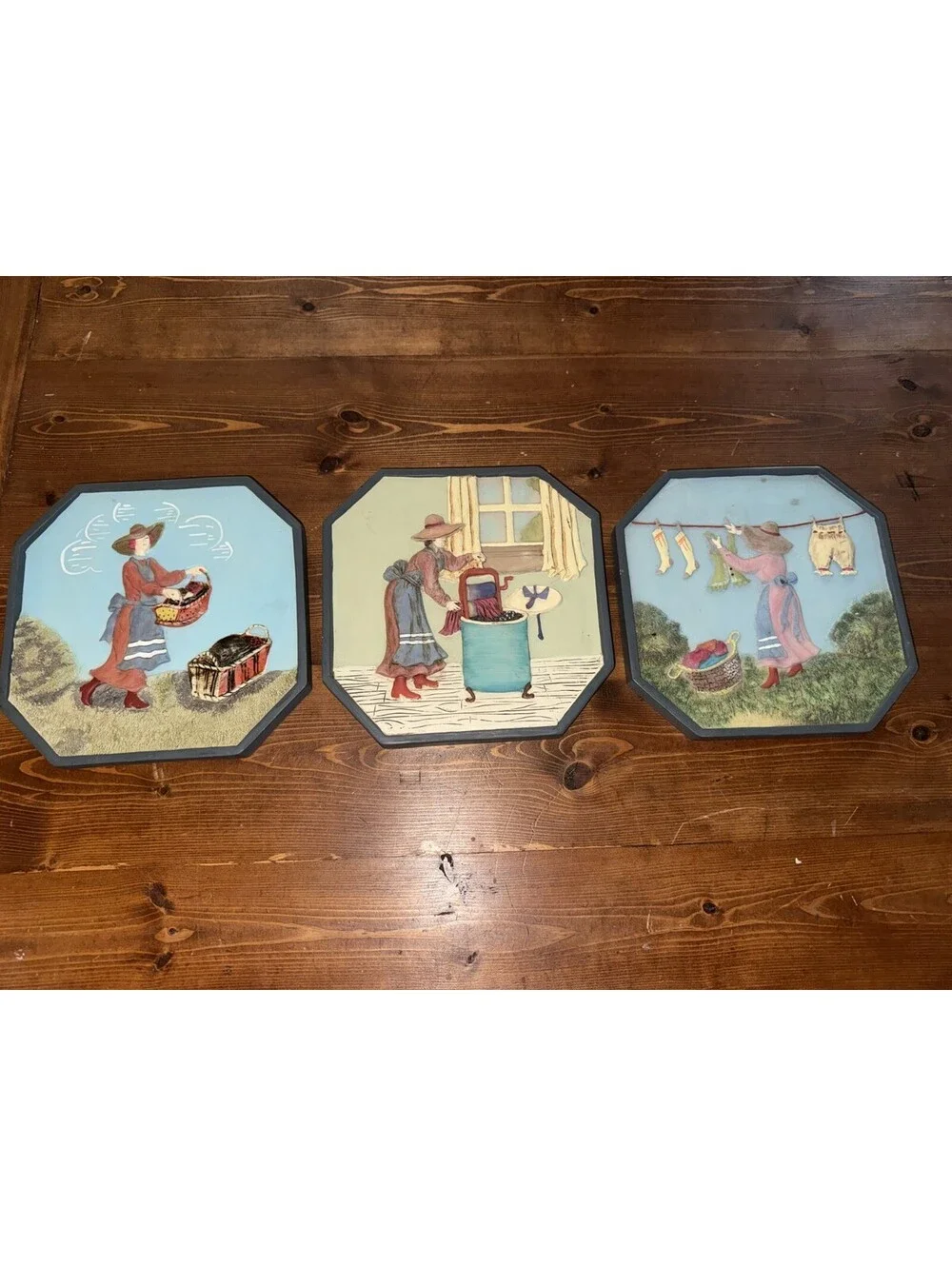VTG 3D Wall Hanging Lot Laundry Scenes Octagon Home Decor Washing Clothing Theme